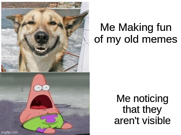 ok | Me Making fun of my old memes; Me noticing that they aren't visible | image tagged in patrick star,dogs,suprised patrick | made w/ Imgflip meme maker