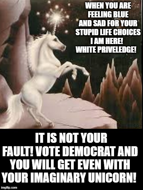 Get Even With Your Imaginary Unicorn!  Vote Democrat! | WHEN YOU ARE FEELING BLUE AND SAD FOR YOUR STUPID LIFE CHOICES I AM HERE!   WHITE PRIVELEDGE! IT IS NOT YOUR FAULT! VOTE DEMOCRAT AND YOU WILL GET EVEN WITH YOUR IMAGINARY UNICORN! | image tagged in stupid liberals | made w/ Imgflip meme maker