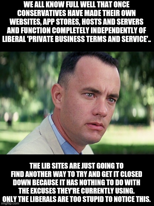 And Just Like That | WE ALL KNOW FULL WELL THAT ONCE CONSERVATIVES HAVE MADE THEIR OWN WEBSITES, APP STORES, HOSTS AND SERVERS AND FUNCTION COMPLETELY INDEPENDENTLY OF LIBERAL 'PRIVATE BUSINESS TERMS AND SERVICE'.. THE LIB SITES ARE JUST GOING TO FIND ANOTHER WAY TO TRY AND GET IT CLOSED DOWN BECAUSE IT HAS NOTHING TO DO WITH THE EXCUSES THEY'RE CURRENTLY USING. ONLY THE LIBERALS ARE TOO STUPID TO NOTICE THIS. | image tagged in memes,and just like that | made w/ Imgflip meme maker