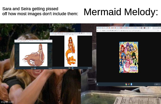 I'm sorry this just really pissed me off how most images don't include Sara or Seira | Sara and Seira getting pissed off how most images don't include them:; Mermaid Melody: | image tagged in memes,woman yelling at cat | made w/ Imgflip meme maker