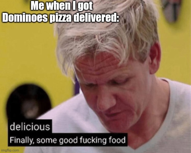 delicious finally some good | Me when I got Dominoes pizza delivered: | image tagged in delicious finally some good | made w/ Imgflip meme maker