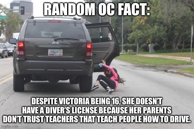 Kicked Out of Car | RANDOM OC FACT:; DESPITE VICTORIA BEING 16, SHE DOESN’T HAVE A DIVER’S LICENSE BECAUSE HER PARENTS DON’T TRUST TEACHERS THAT TEACH PEOPLE HOW TO DRIVE. | image tagged in kicked out of car | made w/ Imgflip meme maker
