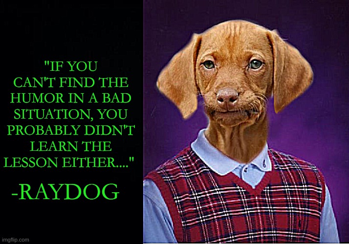 raydog quote | "IF YOU CAN'T FIND THE HUMOR IN A BAD SITUATION, YOU PROBABLY DIDN'T LEARN THE LESSON EITHER...."; -RAYDOG | image tagged in black background,funny quotes | made w/ Imgflip meme maker