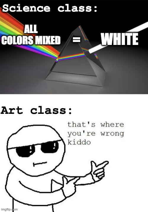 There's always a catch | Science class:; ALL COLORS MIXED; WHITE; =; Art class: | image tagged in that's where you're wrong kiddo,science,school,art | made w/ Imgflip meme maker