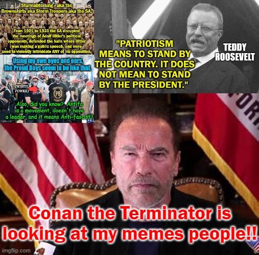 Or at least on the same page I guess: | Conan the Terminator is looking at my memes people!! | image tagged in arnold schwarzenegger,teddy roosevelt,stormtroopers,proud,boys | made w/ Imgflip meme maker