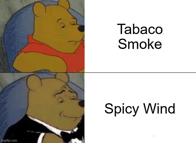 Tuxedo Winnie The Pooh Meme | Tabaco Smoke; Spicy Wind | image tagged in memes,tuxedo winnie the pooh | made w/ Imgflip meme maker