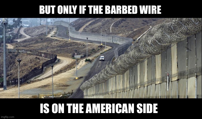 border wall  | BUT ONLY IF THE BARBED WIRE IS ON THE AMERICAN SIDE | image tagged in border wall | made w/ Imgflip meme maker