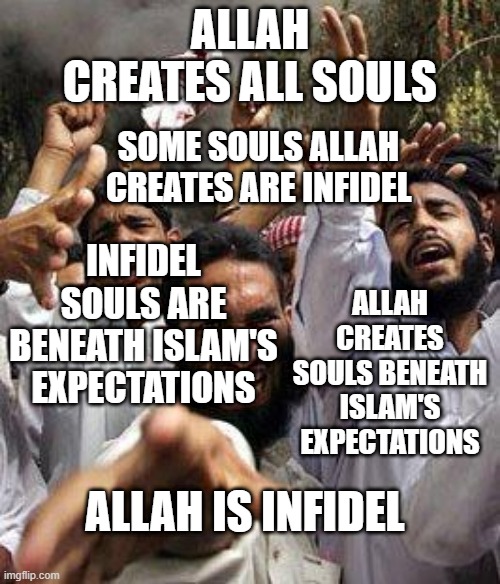 angry muslim | ALLAH CREATES ALL SOULS; SOME SOULS ALLAH CREATES ARE INFIDEL; ALLAH CREATES SOULS BENEATH ISLAM'S EXPECTATIONS; INFIDEL SOULS ARE BENEATH ISLAM'S EXPECTATIONS; ALLAH IS INFIDEL | image tagged in angry muslim,malcolm x democrats republicans relgion christians,black african americans jews,farrakhan political-correctness | made w/ Imgflip meme maker