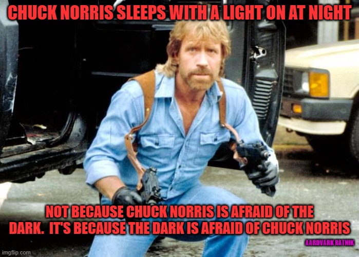 The Dark vs Chuck Norris | CHUCK NORRIS SLEEPS WITH A LIGHT ON AT NIGHT; NOT BECAUSE CHUCK NORRIS IS AFRAID OF THE DARK.  IT'S BECAUSE THE DARK IS AFRAID OF CHUCK NORRIS; AARDVARK RATNIK | image tagged in uzi chuck norris,chuck norris,funny memes,guns,martial arts | made w/ Imgflip meme maker