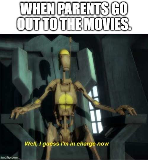 Guess I'm in charge now | WHEN PARENTS GO OUT TO THE MOVIES. | image tagged in guess i'm in charge now | made w/ Imgflip meme maker