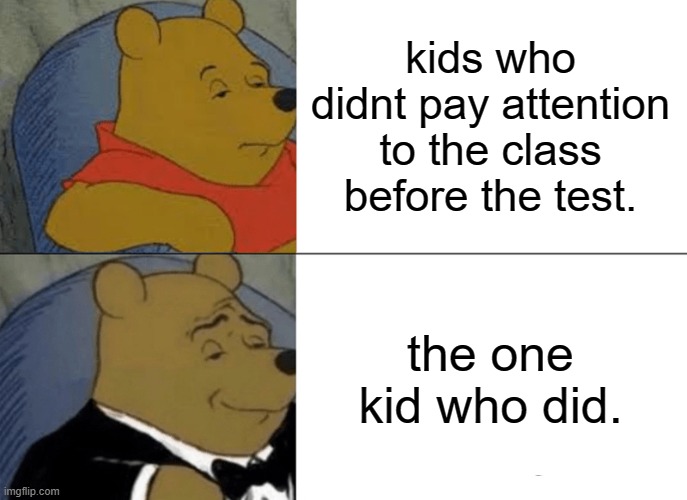 Tuxedo Winnie The Pooh Meme | kids who didnt pay attention to the class before the test. the one kid who did. | image tagged in memes,tuxedo winnie the pooh | made w/ Imgflip meme maker