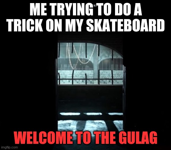 COD Gulag | ME TRYING TO DO A TRICK ON MY SKATEBOARD; WELCOME TO THE GULAG | image tagged in cod gulag | made w/ Imgflip meme maker