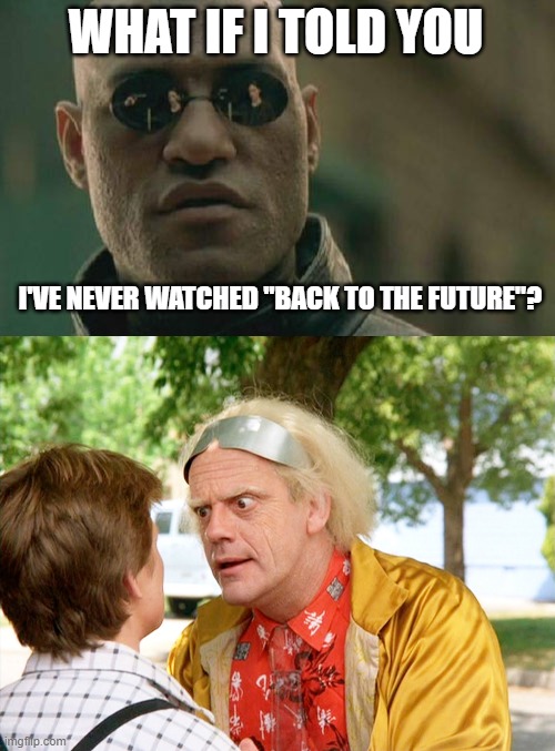movies you never watched that other people like | WHAT IF I TOLD YOU; I'VE NEVER WATCHED "BACK TO THE FUTURE"? | image tagged in memes,matrix morpheus,back to the future | made w/ Imgflip meme maker