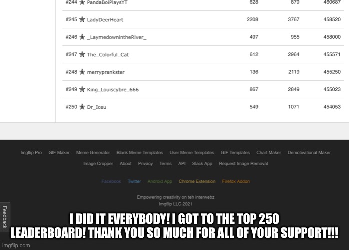 Thank you so much!!! | I DID IT EVERYBODY! I GOT TO THE TOP 250 LEADERBOARD! THANK YOU SO MUCH FOR ALL OF YOUR SUPPORT!!! | image tagged in thank you,250 leaderboard,yayyyyyyy,yeeeeee,lol | made w/ Imgflip meme maker