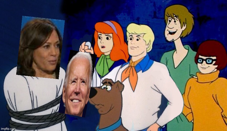Just a matter of time before the big reveal.... | image tagged in scooby doo,scooby doo mask reveal,joe biden,kamala harris,scooby,political meme | made w/ Imgflip meme maker