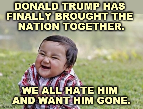 Amen. | DONALD TRUMP HAS 
FINALLY BROUGHT THE 
NATION TOGETHER. WE ALL HATE HIM 
AND WANT HIM GONE. | image tagged in memes,evil toddler,trump,unity,hatred | made w/ Imgflip meme maker