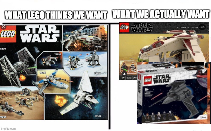 Cross our fingers | WHAT WE ACTUALLY WANT; WHAT LEGO THINKS WE WANT | image tagged in lego | made w/ Imgflip meme maker