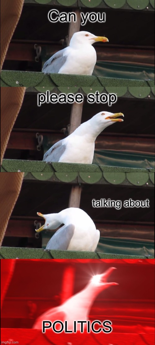 Every discussion has to include some “trump” | Can you; please stop; talking about; POLITICS | image tagged in memes,inhaling seagull | made w/ Imgflip meme maker