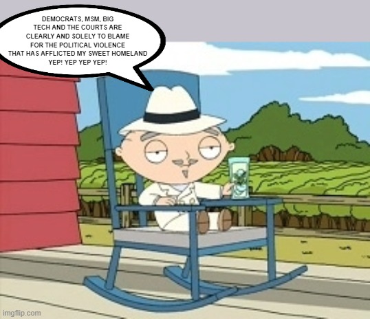 Stewie on Politics | DEMOCRATS, MSM, BIG TECH AND THE COURTS ARE CLEARLY AND SOLELY TO BLAME FOR THE POLITICAL VIOLENCE THAT HAS AFFLICTED MY SWEET HOMELAND
YEP! YEP YEP YEP! | image tagged in rural stewie,politics,democrats | made w/ Imgflip meme maker