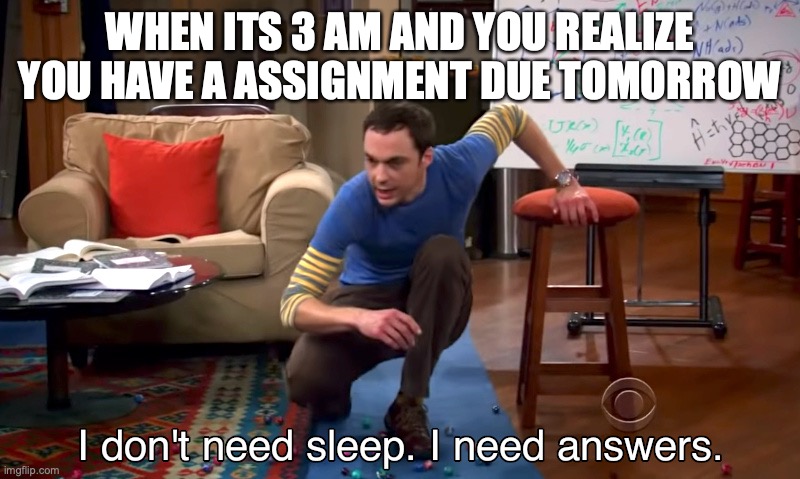 i need answers | WHEN ITS 3 AM AND YOU REALIZE YOU HAVE A ASSIGNMENT DUE TOMORROW | image tagged in i need answers | made w/ Imgflip meme maker