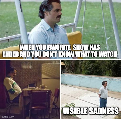 Sad Pablo Escobar | WHEN YOU FAVORITE  SHOW HAS ENDED AND YOU DON'T KNOW WHAT TO WATCH; VISIBLE SADNESS | image tagged in memes,sad pablo escobar | made w/ Imgflip meme maker