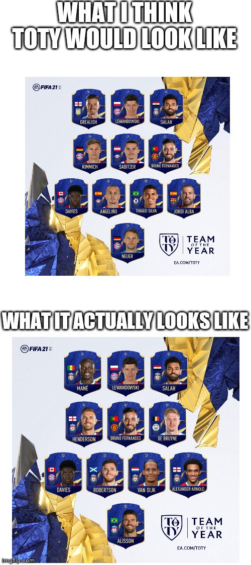 This is on you FIFA | WHAT I THINK TOTY WOULD LOOK LIKE; WHAT IT ACTUALLY LOOKS LIKE | image tagged in blank white template | made w/ Imgflip meme maker