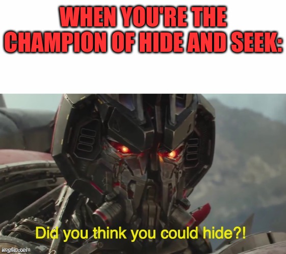Hide and seek champion | WHEN YOU'RE THE CHAMPION OF HIDE AND SEEK: | image tagged in did you think you could hide,blitzwing,bumblebee movie,live action | made w/ Imgflip meme maker