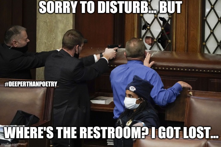 #ExcuseMe | SORRY TO DISTURB... BUT; #DEEPERTHANPOETRY; WHERE'S THE RESTROOM? I GOT LOST... | image tagged in capitol hill police behind door,restroom,lost,emergency,potty | made w/ Imgflip meme maker