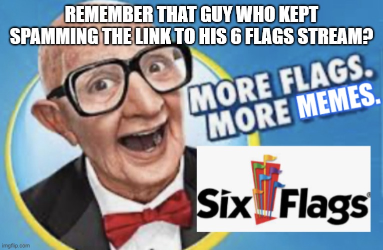 More Flags. More Memes. | REMEMBER THAT GUY WHO KEPT SPAMMING THE LINK TO HIS 6 FLAGS STREAM? | image tagged in more flags more memes | made w/ Imgflip meme maker