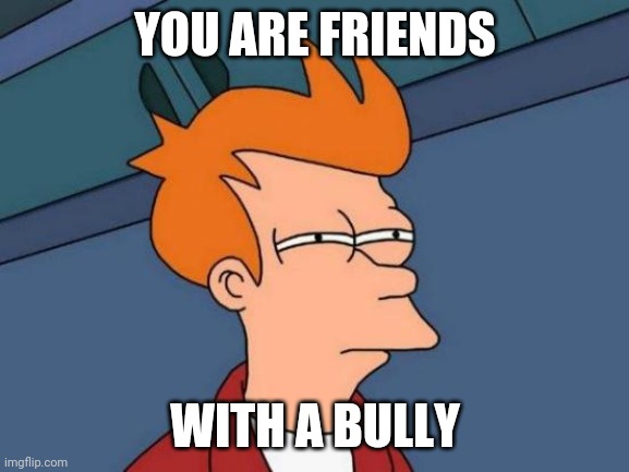 Futurama Fry Meme | YOU ARE FRIENDS WITH A BULLY | image tagged in memes,futurama fry | made w/ Imgflip meme maker