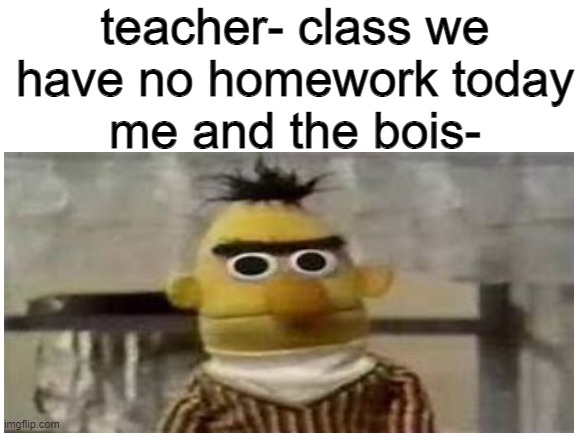 your eyes make you look excited but your mouth makes you look like your doubting it | teacher- class we have no homework today
me and the bois- | image tagged in fresh memes,sesame street | made w/ Imgflip meme maker