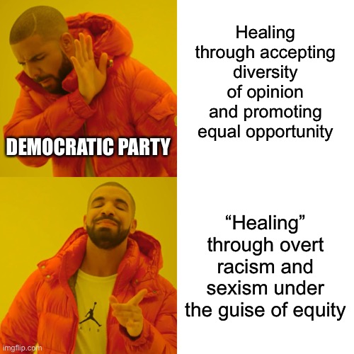 Equity is discriminatory | Healing through accepting diversity of opinion and promoting equal opportunity; DEMOCRATIC PARTY; “Healing” through overt racism and sexism under the guise of equity | image tagged in memes,drake hotline bling,racist,sexist,liberal logic,opinion | made w/ Imgflip meme maker