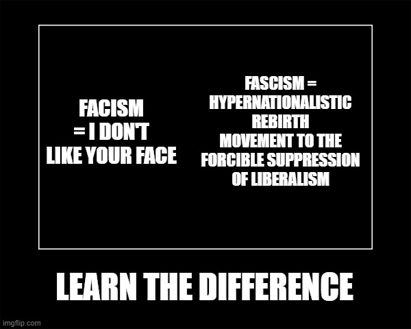 Spelling matters | FASCISM = HYPERNATIONALISTIC REBIRTH MOVEMENT TO THE FORCIBLE SUPPRESSION OF LIBERALISM; FACISM = I DON'T LIKE YOUR FACE; LEARN THE DIFFERENCE | image tagged in demotivational | made w/ Imgflip meme maker