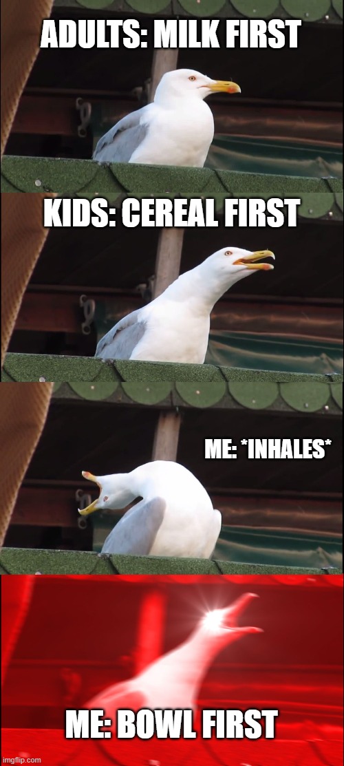the problems of today | ADULTS: MILK FIRST; KIDS: CEREAL FIRST; ME: *INHALES*; ME: BOWL FIRST | image tagged in memes,inhaling seagull,funny,xd,vissy_milk | made w/ Imgflip meme maker