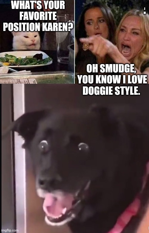 WHAT'S YOUR FAVORITE POSITION KAREN? J M; OH SMUDGE,  YOU KNOW I LOVE DOGGIE STYLE. | image tagged in reverse smudge and karen | made w/ Imgflip meme maker