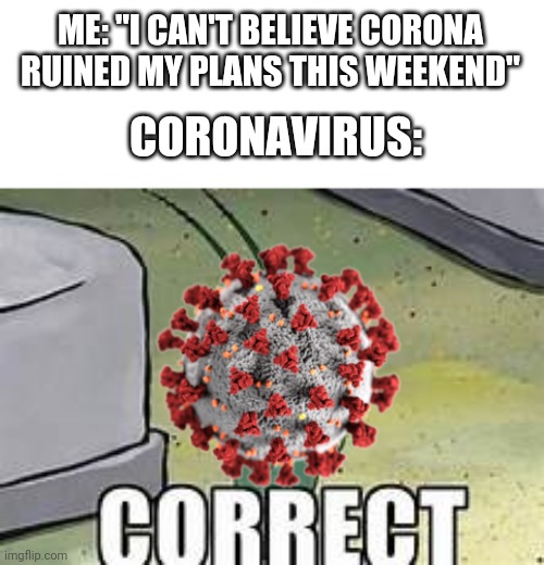 Plankton correct | ME: "I CAN'T BELIEVE CORONA RUINED MY PLANS THIS WEEKEND"; CORONAVIRUS: | image tagged in plankton correct,memes,dank memes,coronavirus meme,weekend,plans | made w/ Imgflip meme maker