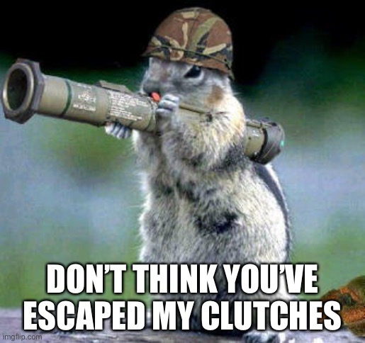 Bazooka Squirrel Meme | DON’T THINK YOU’VE ESCAPED MY CLUTCHES | image tagged in memes,bazooka squirrel | made w/ Imgflip meme maker