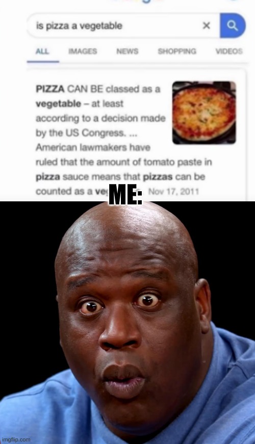 pizza is healthy, mom! | ME: | image tagged in shaquille o'neal hot wings o-face | made w/ Imgflip meme maker