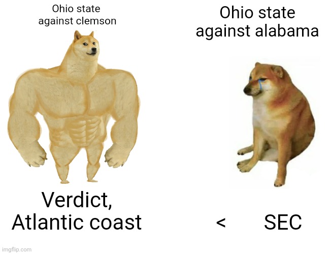 College football | Ohio state 
against clemson; Ohio state against alabama; Verdict,
Atlantic coast; <       SEC | image tagged in memes,buff doge vs cheems | made w/ Imgflip meme maker
