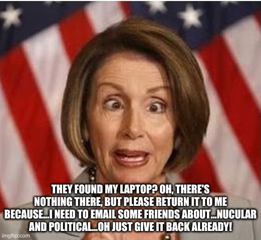 Polosi's Filthy Laptop | THEY FOUND MY LAPTOP? OH, THERE'S NOTHING THERE, BUT PLEASE RETURN IT TO ME BECAUSE...I NEED TO EMAIL SOME FRIENDS ABOUT...NUCULAR AND POLITICAL...OH JUST GIVE IT BACK ALREADY! | image tagged in polosi,laptop,scam,deceit,traitor,democrats | made w/ Imgflip meme maker
