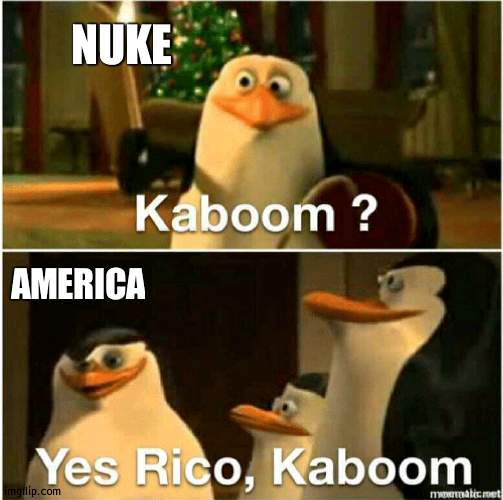 End of WW2 intestifies | NUKE; AMERICA | image tagged in kaboom yes rico kaboom,ww2,over,nuke | made w/ Imgflip meme maker
