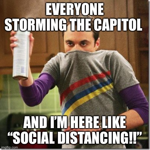 air freshener sheldon cooper | EVERYONE STORMING THE CAPITOL; AND I’M HERE LIKE “SOCIAL DISTANCING!!” | image tagged in air freshener sheldon cooper | made w/ Imgflip meme maker