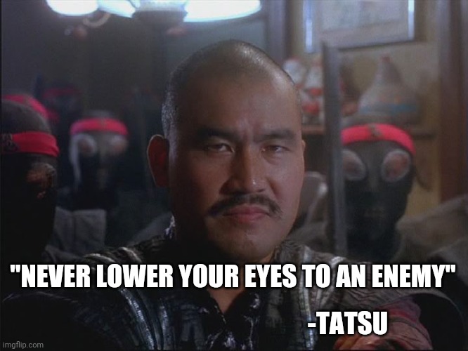 TMNT wisdom | "NEVER LOWER YOUR EYES TO AN ENEMY"; -TATSU | image tagged in teenage mutant ninja turtles,wisdom,awareness,caution,trump 2020 | made w/ Imgflip meme maker