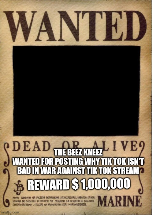 Wanted | THE BEEZ KNEEZ
WANTED FOR POSTING WHY TIK TOK ISN'T BAD IN WAR AGAINST TIK TOK STREAM; REWARD $ 1,000,000 | image tagged in one piece wanted poster template,oh okay | made w/ Imgflip meme maker