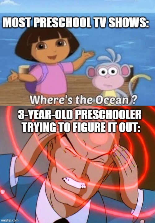 MOST PRESCHOOL TV SHOWS:; 3-YEAR-OLD PRESCHOOLER  TRYING TO FIGURE IT OUT: | image tagged in professor x,dora the explorer,memes,funny | made w/ Imgflip meme maker