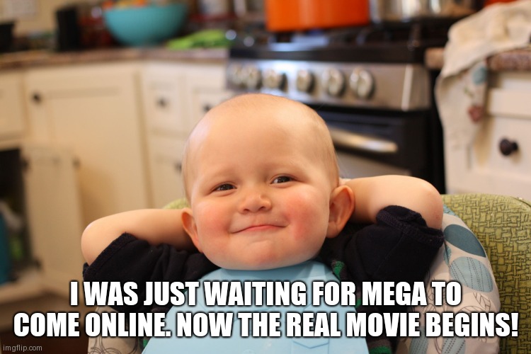 This movie is going to sell out. | I WAS JUST WAITING FOR MEGA TO COME ONLINE. NOW THE REAL MOVIE BEGINS! | image tagged in baby boss relaxed smug content | made w/ Imgflip meme maker