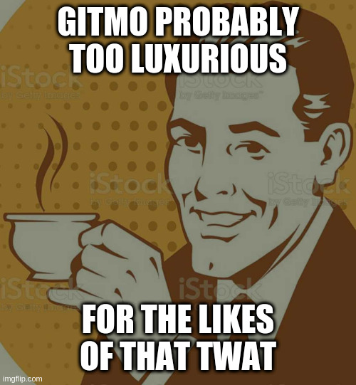 Mug Approval | GITMO PROBABLY TOO LUXURIOUS FOR THE LIKES OF THAT TWAT | image tagged in mug approval | made w/ Imgflip meme maker