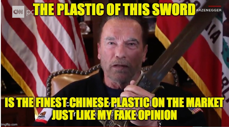Fake Conan with a fake sword and fake message | THE PLASTIC OF THIS SWORD; IS THE FINEST CHINESE PLASTIC ON THE MARKET
JUST LIKE MY FAKE OPINION | image tagged in fake conan,fake sword | made w/ Imgflip meme maker