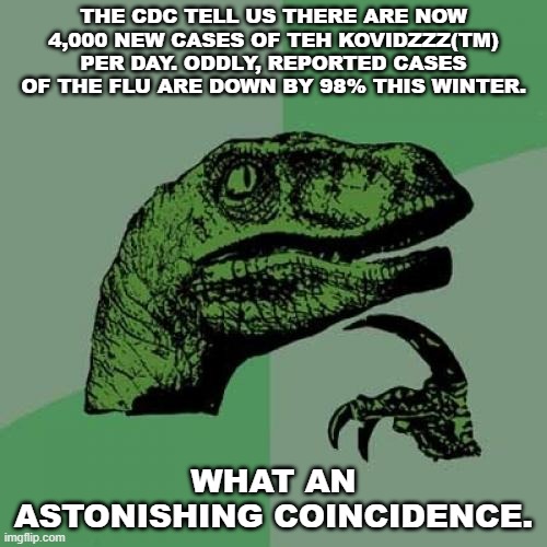 Totes Coincidental | THE CDC TELL US THERE ARE NOW 4,000 NEW CASES OF TEH KOVIDZZZ(TM) PER DAY. ODDLY, REPORTED CASES OF THE FLU ARE DOWN BY 98% THIS WINTER. WHAT AN ASTONISHING COINCIDENCE. | image tagged in memes,philosoraptor,coincidence,cdc are liars,teh kovidzzz | made w/ Imgflip meme maker