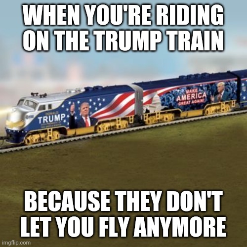 Choo choo | WHEN YOU'RE RIDING ON THE TRUMP TRAIN; BECAUSE THEY DON'T LET YOU FLY ANYMORE | image tagged in trump train,why cant i,fly | made w/ Imgflip meme maker